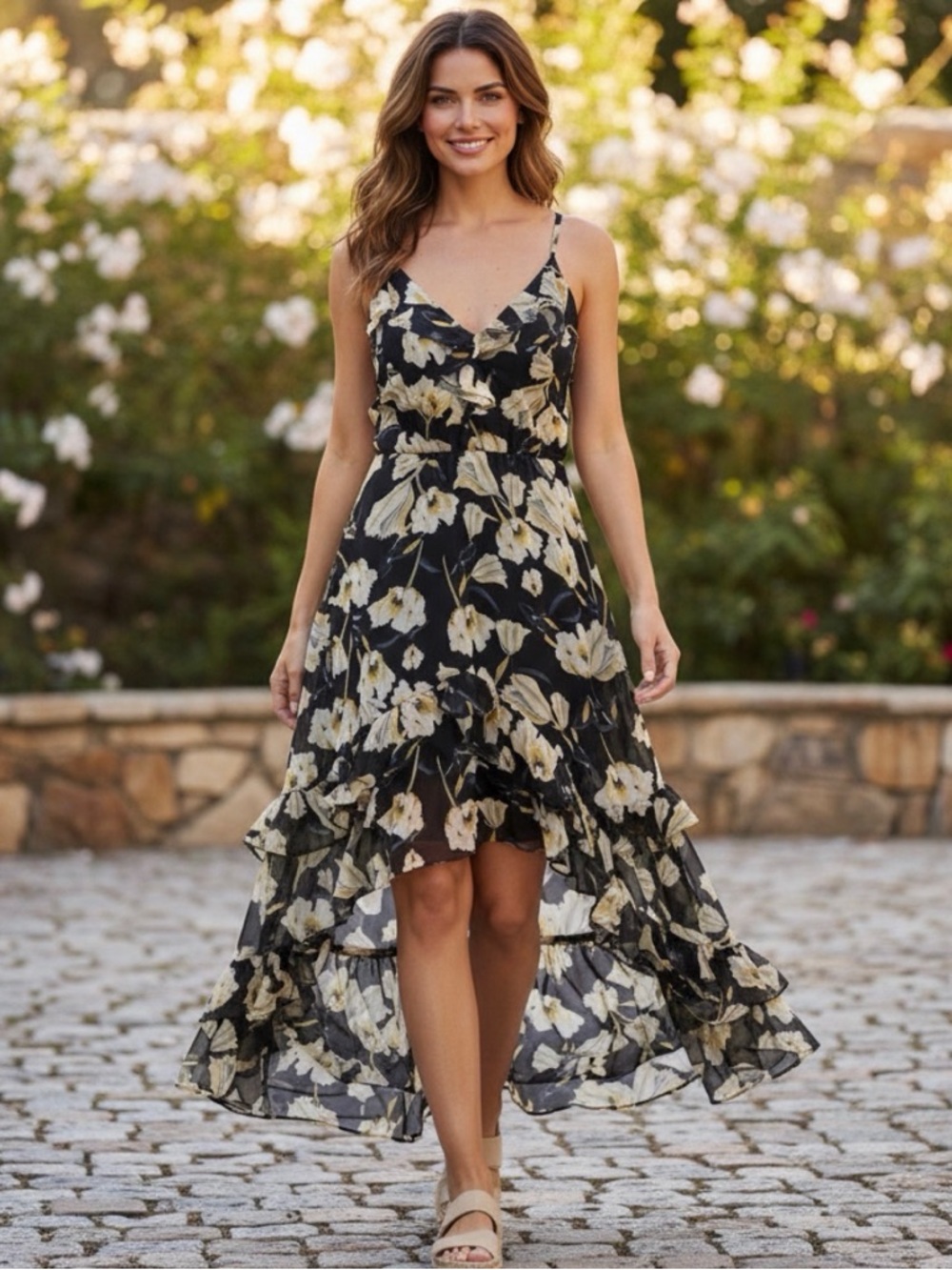 INC International Concepts navy blue  and Cream Floral High Low Dress